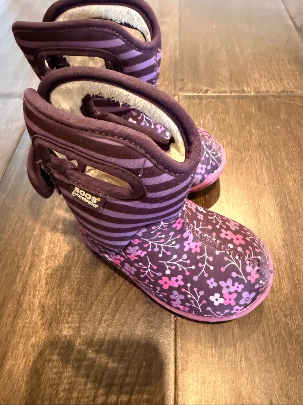 Bogs Kids Purple Floral & Stripe Waterproof Boots